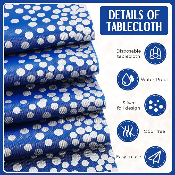 Tudomro 16 Pieces Silver and Dark Blue Disposable Plastic Tablecloths and Satin Table Runner Set 54x108 Inch Tablecloth 12x108 Inch Table Runners for New Year Wedding Birthday Baby Shower Graduation