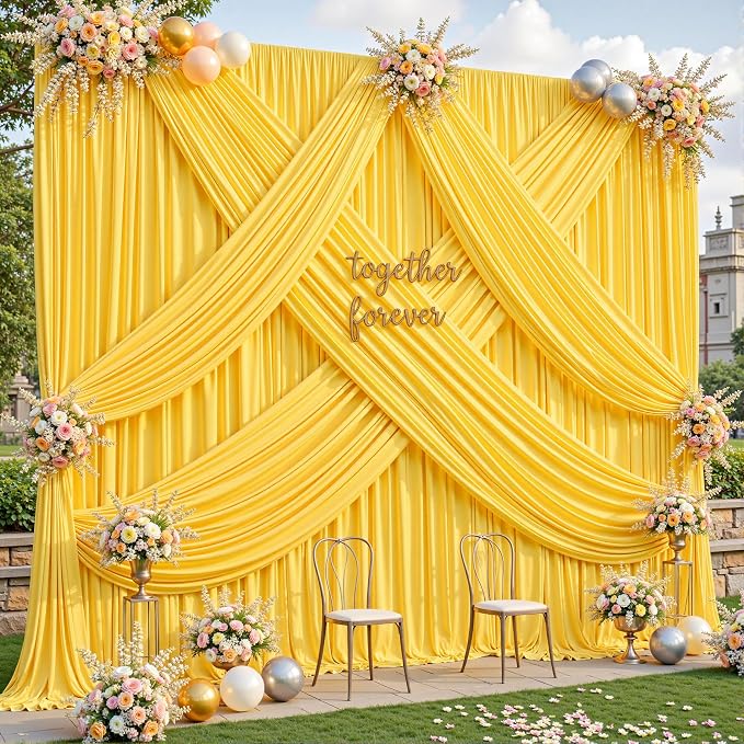 2 Panels Yellow Backdrop Curtains - Wrinkle Free Fabric Backdrop Curtain for Photoshoot, 10FT Wedding Party Photo Backdrop Drapes for Birthday Baby Shower Photography Stage Background Decorations