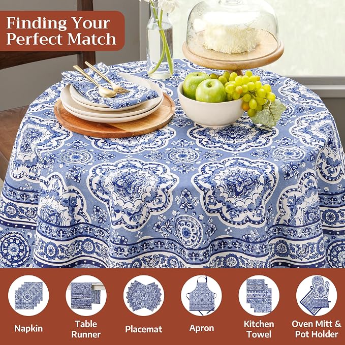 Maison d' Hermine Table Cloth Round Table 100% Cotton 69 Round Inches Tablecloth Reusable Decorative for Dining Kitchen Room Farmhouse Party Home Hotel Restaurant Spring Summer - Melodie Bleue