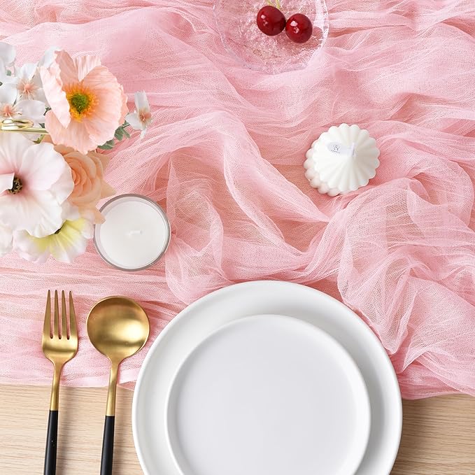 Joanlody Blushing Pink Cheesecloth Table Runner Spring Summer 10Ft Rustic Gauze Boho Cheese Cloth Table Runner for Wedding Bridal Baby Shower Decoration 10 Pack