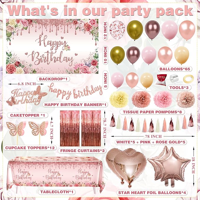 Rose Gold Birthday Party Decoration, 91 PCS Happy Birthday Pink Party Supplies for Girls Women (Banner Backdrop Tablecloth Fringe Curtains Balloons Garland Paper Tassels Garland Paper Pompoms)