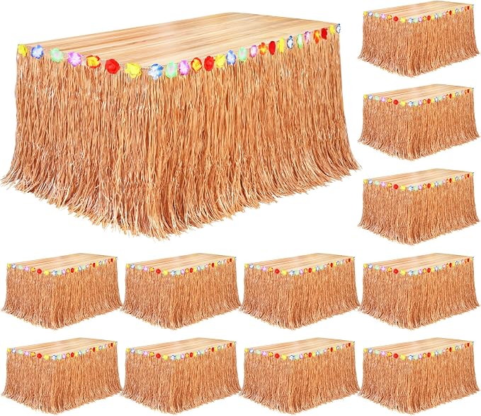 Fovths 12 Pack Luau Grass Table Skirt Natural 9 Feet x 29.5 Inch Hawaiian Table Skirt for Tropical Hawaiian Party Decorations Luau Party Costume, Reddish Golden Brown