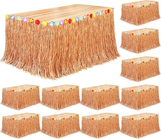 Fovths 12 Pack Luau Grass Table Skirt Natural 9 Feet x 29.5 Inch Hawaiian Table Skirt for Tropical Hawaiian Party Decorations Luau Party Costume, Reddish Golden Brown