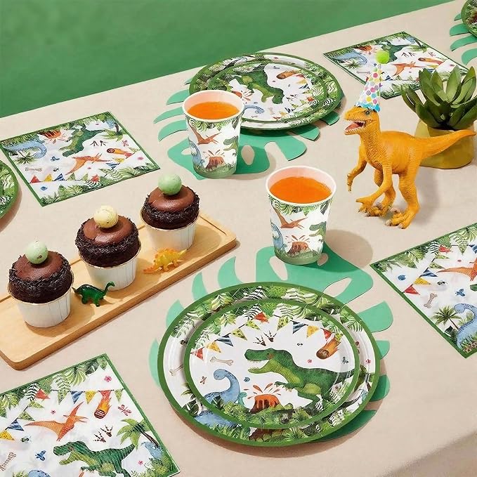 Dinosaur Birthday Party Supplies with Banner, 20 Serves Dinosaur Disposable Tableware Set with Plates, Forks, Napkins, Swirls,and Cutlery Sets for Dinosaur Themes Party Kids Years