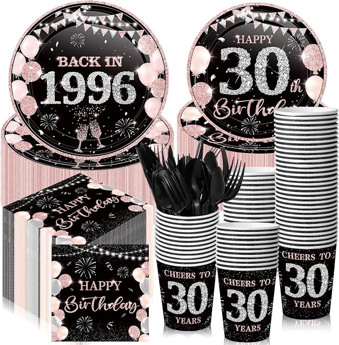 240 Pcs 30th Birthday Decorations 1996 Birthday Party Tableware Include Plates Napkins 9oz Cups Cutlery 30th Anniversary Party Supplies for Men Women Him Her, Serve 30 Guests (Black Pink)