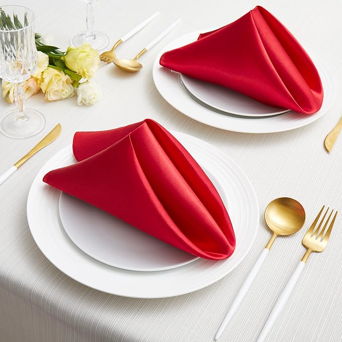 24 Pack Square Satin Dinner Napkins, 17x17 Inches Silky Soft Smooth Table Cloth Napkins for Restaurant Weddings Banquet Party Decoration, Red