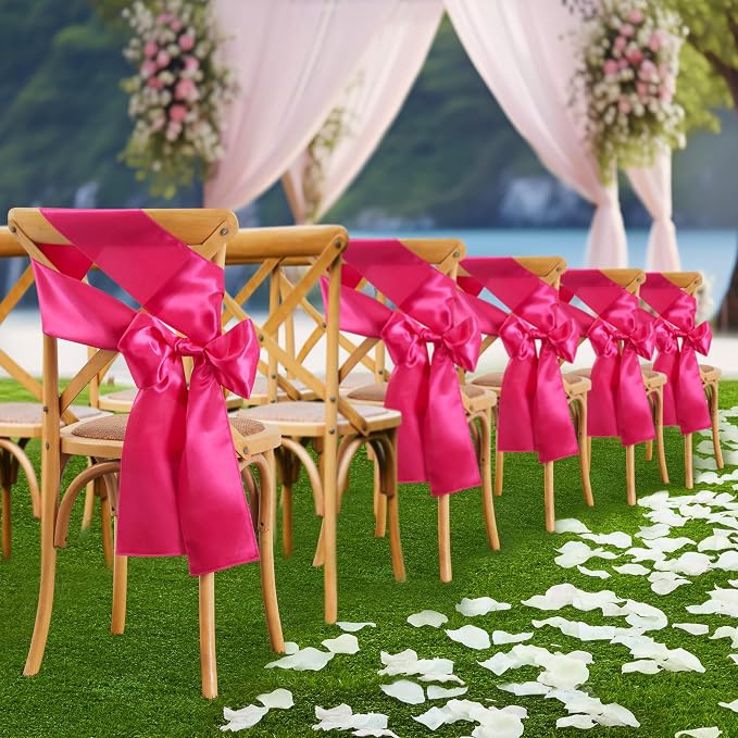 10 Pcs Rose Red Satin Chair Sashes Bows Universal Chair Cover for Wedding Reception Events Banquets Party, Hotel Event Decorations, 6 x 108 inch