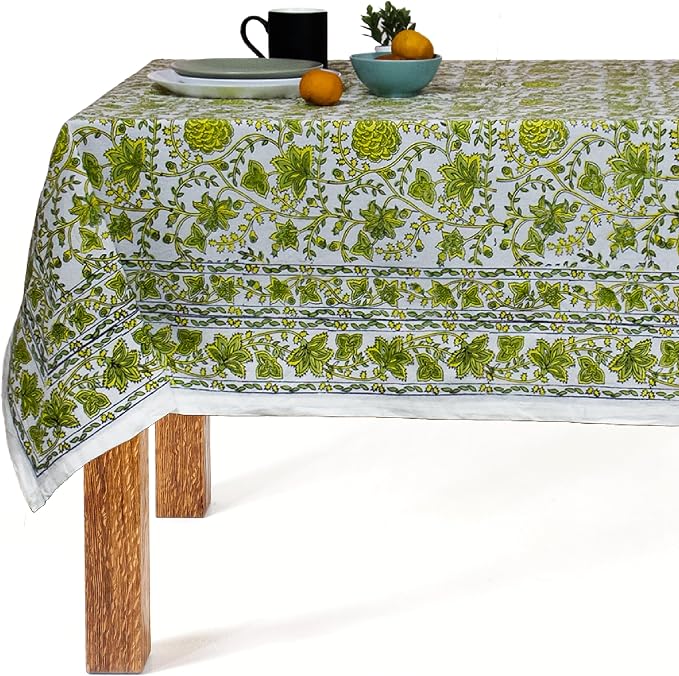 Block Print Table Cloth- 60x120 Inch Rectangle 100% Cotton Handmade Pre-Shrink, Washable for Spring, Kitchen & Dining Perfect for Chirstmas, Patio, Indoor & Outdoor, Farmhouse