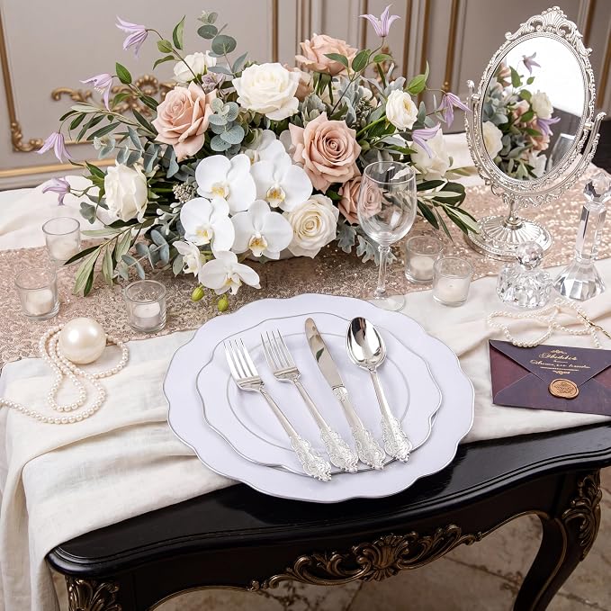 NOCCUR 175pcs Silver Plastic Plates - Silver Rim Plastic Tableware Include 25 Dinner/Dessert Plates, 25 Forks, 25 Knives, 25 Spoons for Wedding/Party