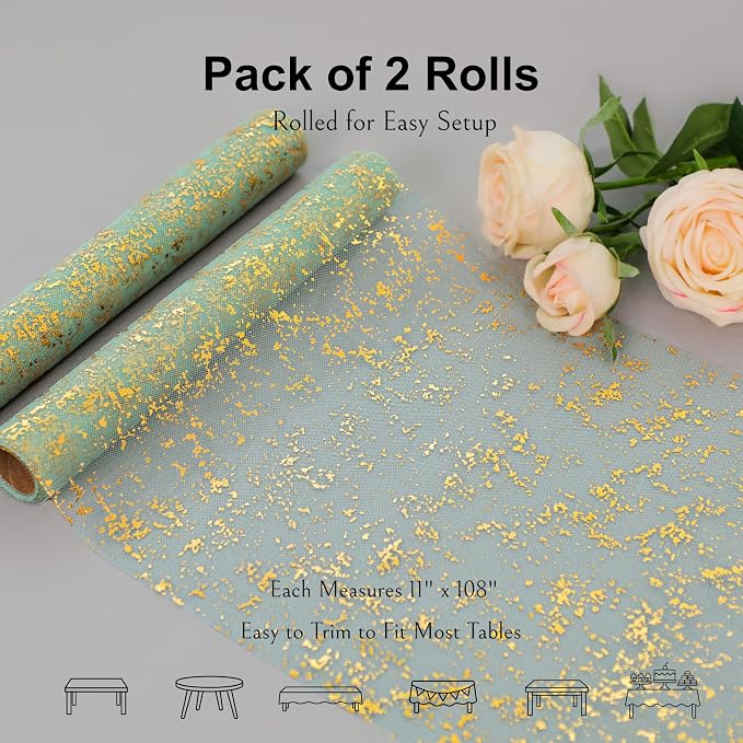 Snowkingdom Sage Green Table Runner 2PCS 11 x 108 Inch Metallic Foil Sequin Glitter Thin Sheer Mesh Fabric Decorations for Wedding Birthday Christmas Party Centerpieces Reception Dining Home Holiday