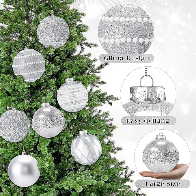 Lyrow 12 Pcs 4 inch Christmas Balls Ornaments Glitter Shatterproof Christmas Decorations Tree Balls Sparkly Holiday Ornaments Bulk for Xmas Trees(Silver)