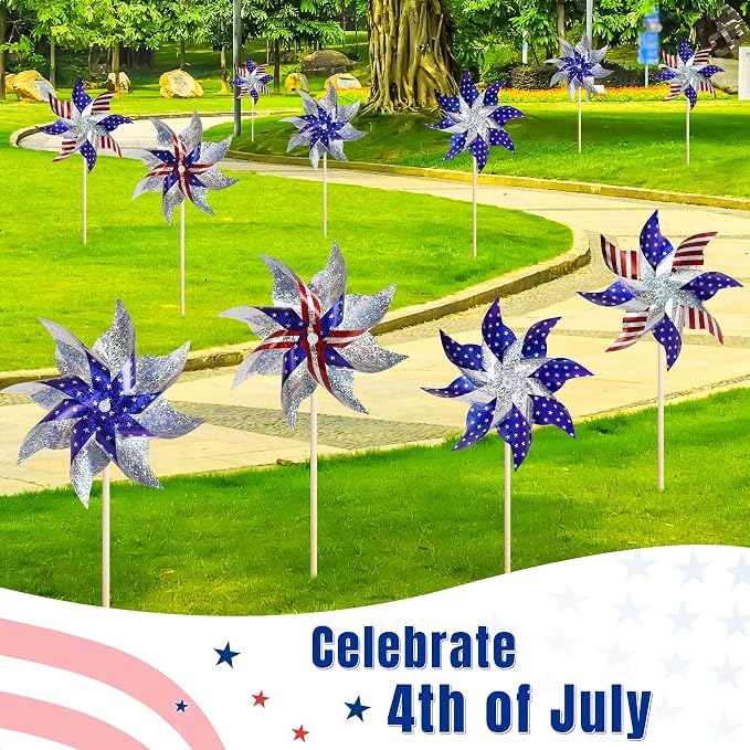 HOOSUN 10 Pcs 4th of July Pinwheels for Yard and Garden 4th of July Decorations,American Flag Patriotic Pinwheels to Scare Birds Away,Red White Blue Reflective Wind Spinners,Memorial Day Decorations