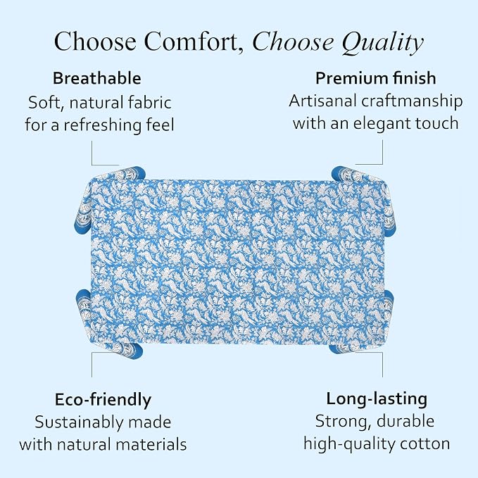 CPC Tablecloth 100% Cotton 72x160 Inch Indian Block Print Rectangle Table Cover, Washable Table Cloth for Weddings, Spring/Summer, Barbeque - Blue Sapphire