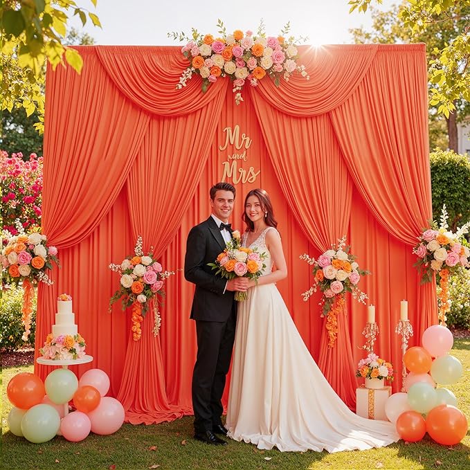 10ftx10ft Wrinkle Free Orange Backdrop Curtains for Parties, Silky Polyester Photo Backdrop Drapes 2 Panels 5x10ft Back Drop Cloth for Wedding Birthday Baby Shower Photography Background