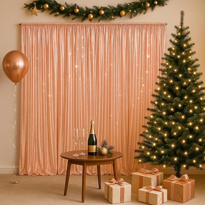 PartyDelight Rose Gold Sequin Backdrop Curtains 2x8ft 4 Panels | 3mm stitched sequin curtain with 4 inch rod pocket for 2x8ft 4 panel fuller wall coverage pleated backdrop and 8ft stand