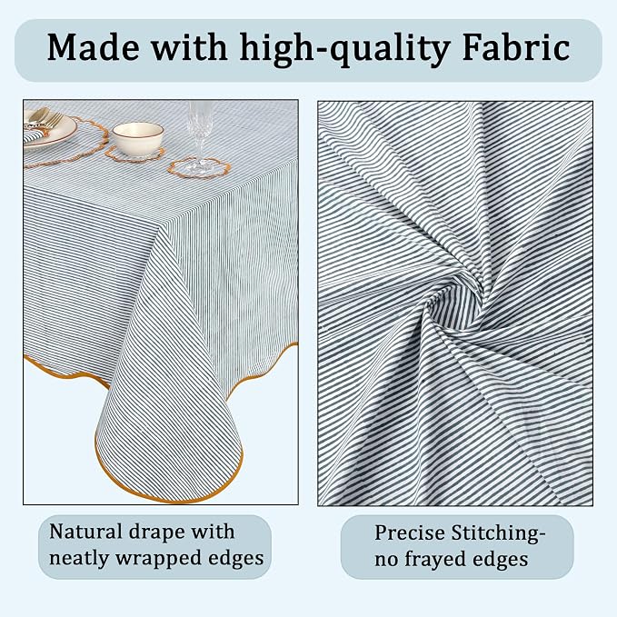 Ridhi Slate Blue Stripe Block Print 60x120 Rectangle Tablecloth Table Cover for Dining Tables, Handcrafted Farmhouse Kitchen Decor, Washable, Decorative Tablecloths for Spring, Easter, Valentine