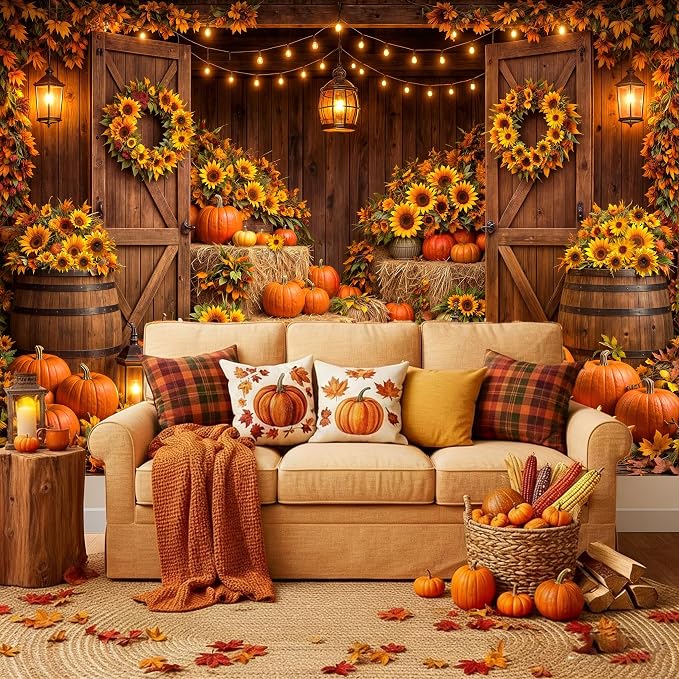 15 x 10 ft Autumn Harvest Barn Backdrop Pumpkin Sunflower Fall Photography Background for Thanksgiving Baby Shower & Birthday Party Photo Booth Studio Props