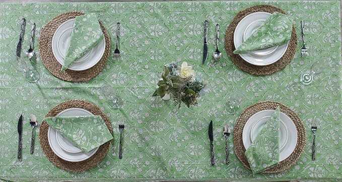 Ridhi Pear Green Hand Block Print Cotton Rectangle Tablecloth 190" x 72" inches Reusable Table Cover Decorative Everyday Use for Dining Room, Farmhouse, Home Gift for Spring, Mother's Day
