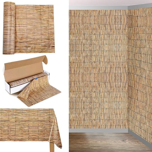 Oudain 54 Inch x 100 ft Bamboo Reeds Wall Backdrop Hawaiian Beach Tablecloth Roll with Cutter Box Aloha Luau Tiki Bar Plastic Photography Background Summer Beach BBQ Birthday Party Decoration