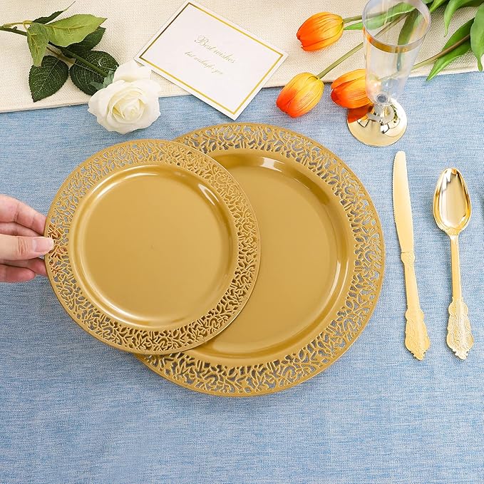DaYammi 210Pcs Solid Gold Disposable Plates with Silverware and Cups,Gold Plastic Plates for Party Include: 30 Dinner Plate,30 Dessert Plate,30 Rolled Napkins with Cutlery,30 Cups for Party Wedding