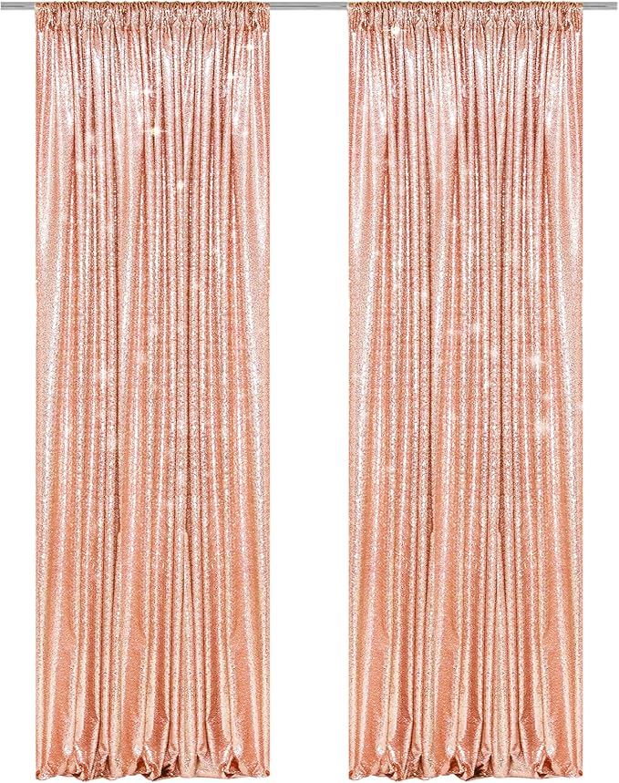 PartyDelight Rose Gold Sequin Backdrop Curtains 2x8ft 2 Panels | 3mm stitched sequin curtain with 4 inch rod pocket for 2x8ft 2 panel doorway window side drape narrow photo booth strip