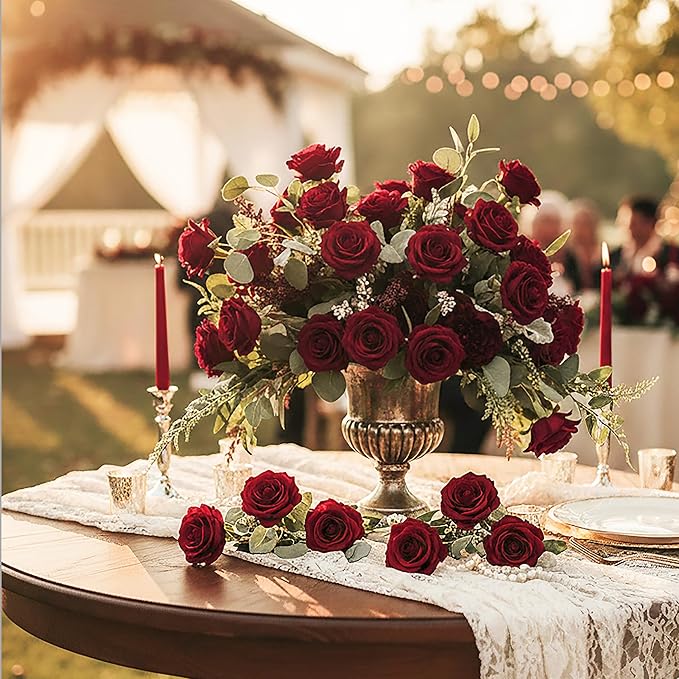 Auihiay 60PCS Burgundy Artificial Roses Bulk, Velvet Silk Fake Roses, Lifelike Burgundy Faux Rose for Father's Day, Wedding Centerpieces, Cake, Bridal Bouquets, Anniversary, Home Decorations