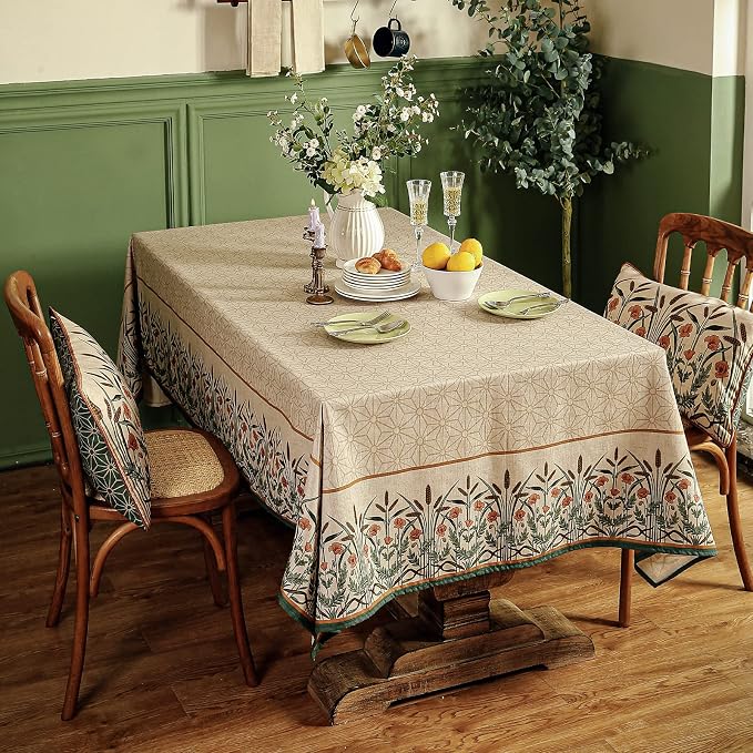 patdrea Vintage French Linen Tablecloth,Rectangular,110"x63"-Cudillero | Elegant Floral Table Cloth for Rectangle Table,Natural Beige Block Print,for Dining Room Tea Party Thanksgiving