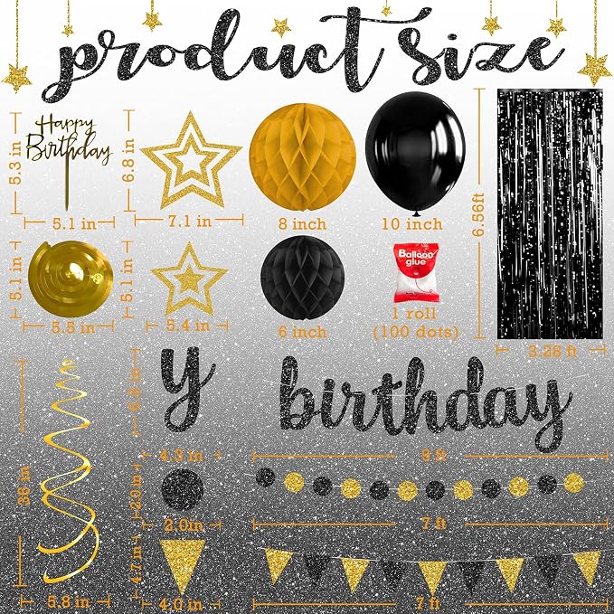 Black and Gold Birthday Party Decorations Set - Happy Birthday Banner Balloons Foil Curtains Hanging Swirls for Men Women Birthday Party Supplies