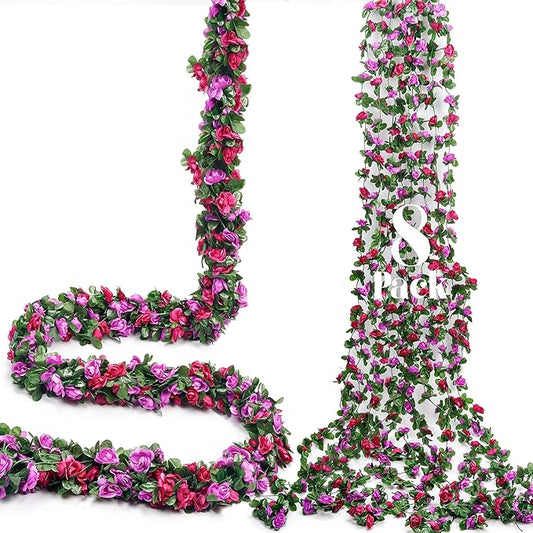 Miracliy 8Pcs 66FT Purple Flower Garland, Artificial Rose Floral Vines Fake Hanging Spring Flower Garland for Wall Backdrop Wedding Arch Tea Party Door Mantle Decoration