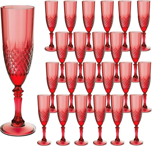Plastic Champagne Flutes, Champagne Glasses Bulk, Reusable Unbreakable Acrylic Wine Glasses Goblets for Weddings Bachelor Parties Toasting Bridal Shower Mother's Day (24, Dark Red)