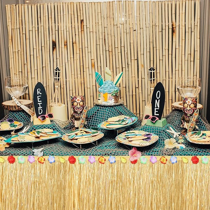 Fovths Luau Grass Table Skirt Natural 9 Feet x 29.5 Inch Hawaiian Table Skirt for Tropical Hawaiian Party Decorations Luau Costume Party, Straw Yellow