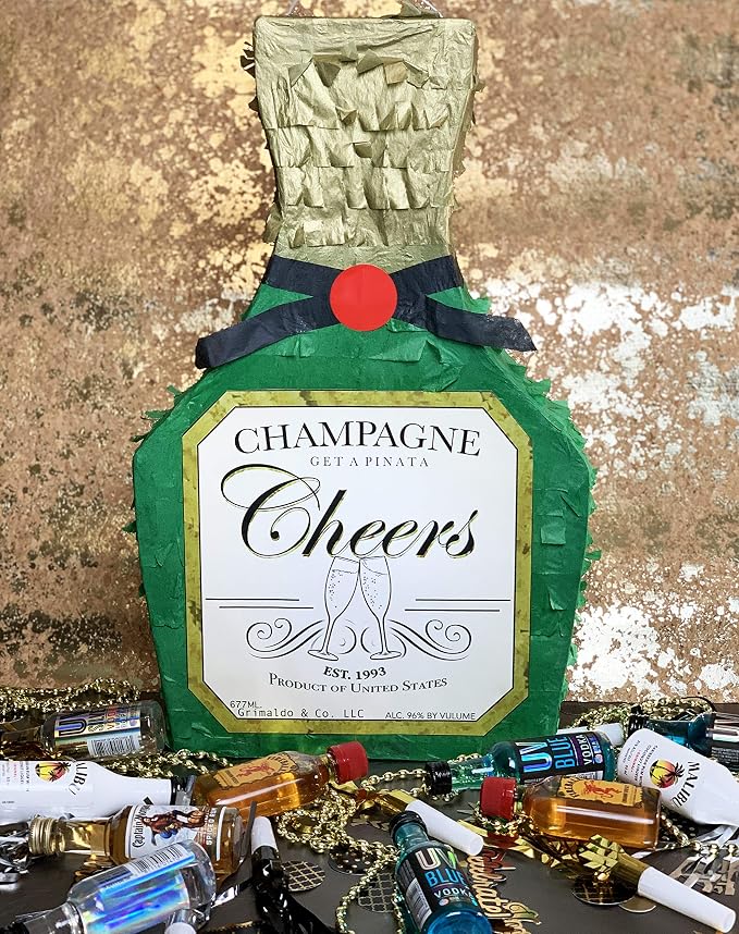 Jergrim Champagne Piñata with Stick, 17X11inches, Perfect for New Years 21st Birthday Decorations, Graduation, and Wedding Props. Fits party favor