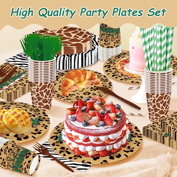 168PCS Mouse Safari Party Supplies for Kids Boys Girls, Cartoon Jungle Birthday Party Tableware Jungle Birthday Party, Zoo Adventure Plates, Napkins, Cups, Knife, fork, straw Set Serves 24