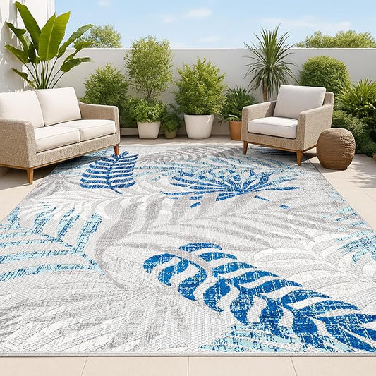 JONATHAN Y Tropics Palm Leaves Indoor Outdoor Area Rug 4X6 Gray/Blue, Boho for Backyard, Patio, Porch, Easy-Cleaning, High Traffic, Pet-Friendly, Non-Shedding (AMC100A-4)