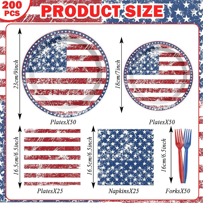 50 Guests 4th of July American Flag Patriotic Party Decorations Plates Napkins 250th Anniversary Themed Tableware Set Veterans Day Party Supplies Independence Paper Plates Napkins 200PCS