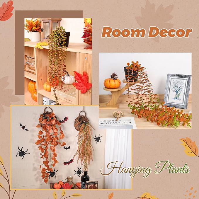 Der Rose 2Pcs Fake Fall Hanging Plants for Home Bathroom Wall Outdoor Decor | Orange eucalyptus vines for warm autumn decor accents, fall porch, patio, bathroom, kitchen wall and home entryway decor