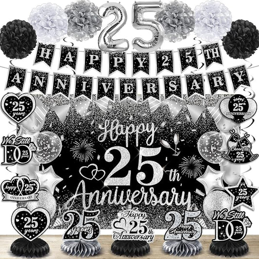 25th Wedding Anniversary Decorations Black Silver Happy 25th Anniversary Banner Backdrop Honeycomb Centerpiece Hanging Swirls Pom Poms for 25 Years Silver Wedding Party Decorations Supplies
