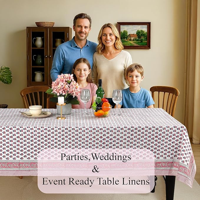 CPC Tablecloth 100% Cotton 72x160 Inch Indian Block Print Rectangle Table Cover, Pink Table Cloth for Weddings, Spring/Summer, Barbeque - Pink Sapphire