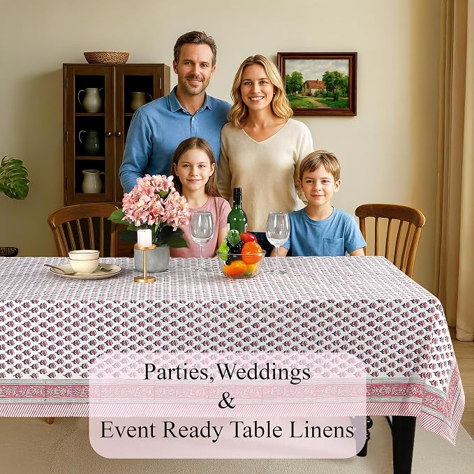 CPC Tablecloth 100% Cotton 70x118 Inch Indian Block Print Rectangle Table Cover, Table Cloth for Weddings, Spring/Summer, Barbeque -Pink Sapphire
