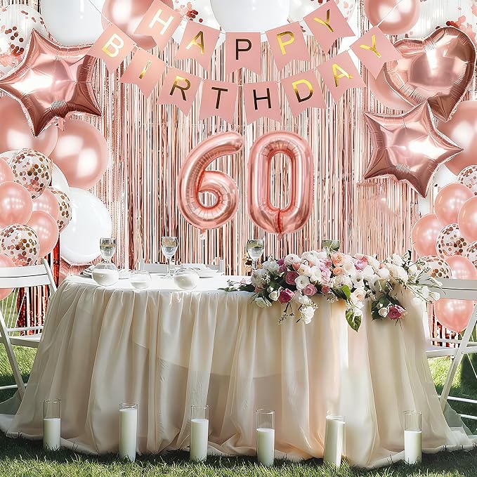 255 Pcs Rose Gold 60th Birthday Decorations for Women – Party Decoration Supplies Kit with “Happy Birthday” Banner, Balloons, Crown, Sash, Cake Topper, Tableware & Fringe Curtain for 25 Guests
