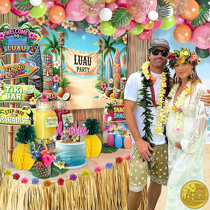 180 Pc Luau Party Decorations Set – Hawaiian Birthday Party Decorations | 2025 Family Choice Award winner – backdrop, balloons, tiki boxes, table skirt, toppers, umbrellas, straws, signs & much more