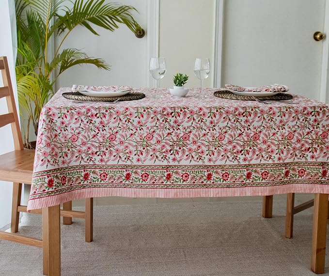 Block Print Peach Table Cloth- 54x108 Inch Rectangle 100% Cotton Handmade Pre-Shrink, Washable for Spring, Kitchen & Dining Perfect for Chirstmas, Patio, Indoor & Outdoor, Farmhouse