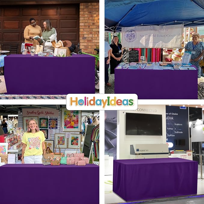 HolidayIdeas 4-Pack 4ft Open Back Fitted Tablecloths for Craft Shows Purple | 3-Sided coverage wrinkle resistant tablecloths for vendor booths,banquet events,outdoor pop-up shop