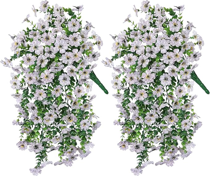 HyeFlora Artificial Flowers for Outdoors Fake Hanging Decoration, 2Pcs White Spring Summer Decor, Realistic Plants, UV & Fading Resistant Silk Flower for Porch Patio Balcony Planter Yard Home Garden