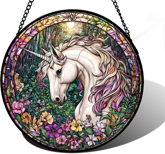DASTOLL Stained Glass Window Hanging, Unicorn Flowers Suncatcher for Doors Home Sun Catchers Decoration and Christmas, Mother's Day Birthday Gifts for Women, Men, and Mom 7.8 in
