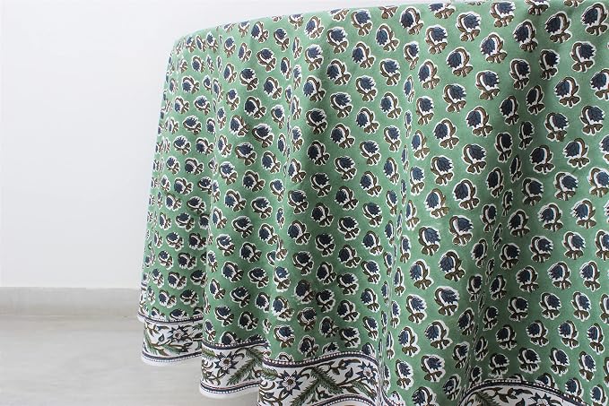 Ridhi Round Tablecloth Hand Block Print 100% Cotton Reusable Basil Green 60 Inch Table Cover Decorative Everyday Use for Dining, Home, Party, Wedding, Farmhouse, Party Gift for Spring, Mother's Day