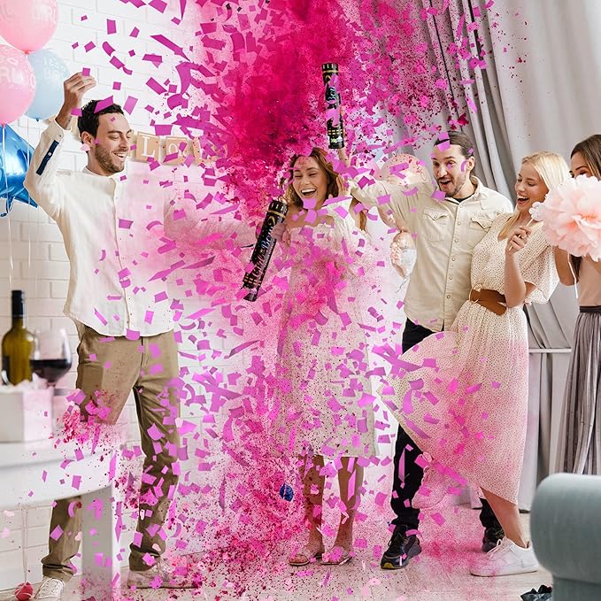Gender Reveal Confetti Powder Cannon - Biodegradable Blue & Pink Poppers for Baby Shower Party Decorations - He or She What Will it Bee - 2 Pink Sticks