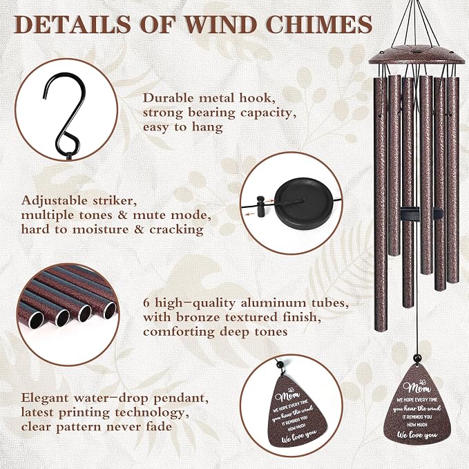Gifts for Mom, 32" Bronze Wind Chimes, Mom's Birthday Gifts from Daughter Son, Mother in Law Gift, Best Mom Ever Gift for Birthday Christmas Mother's Day, Home Decor