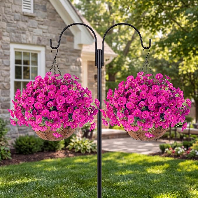 Sggvecsy Artificial Flowers for Outdoors with Baskets Hanging Plant Faux Flowers UV Resistant Fake Silk Morning Glory with Eucalyptus for Planter Porch Garden Home Spring Summer Decoration(Fuchsia)