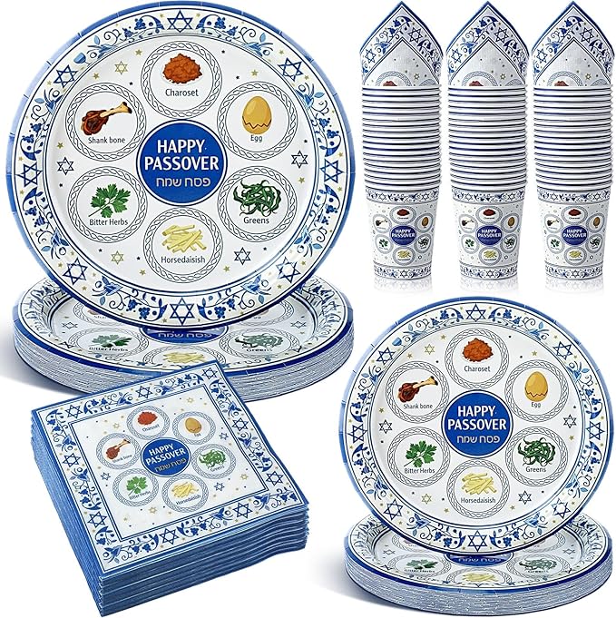 Jenaai 200 Pcs Passover Tableware Party Supplies for 50 Guests, Disposable 9"/ 7" Passover Paper Plates Cups and Napkins Paper Goods Set for Dinnerware Party Decorations
